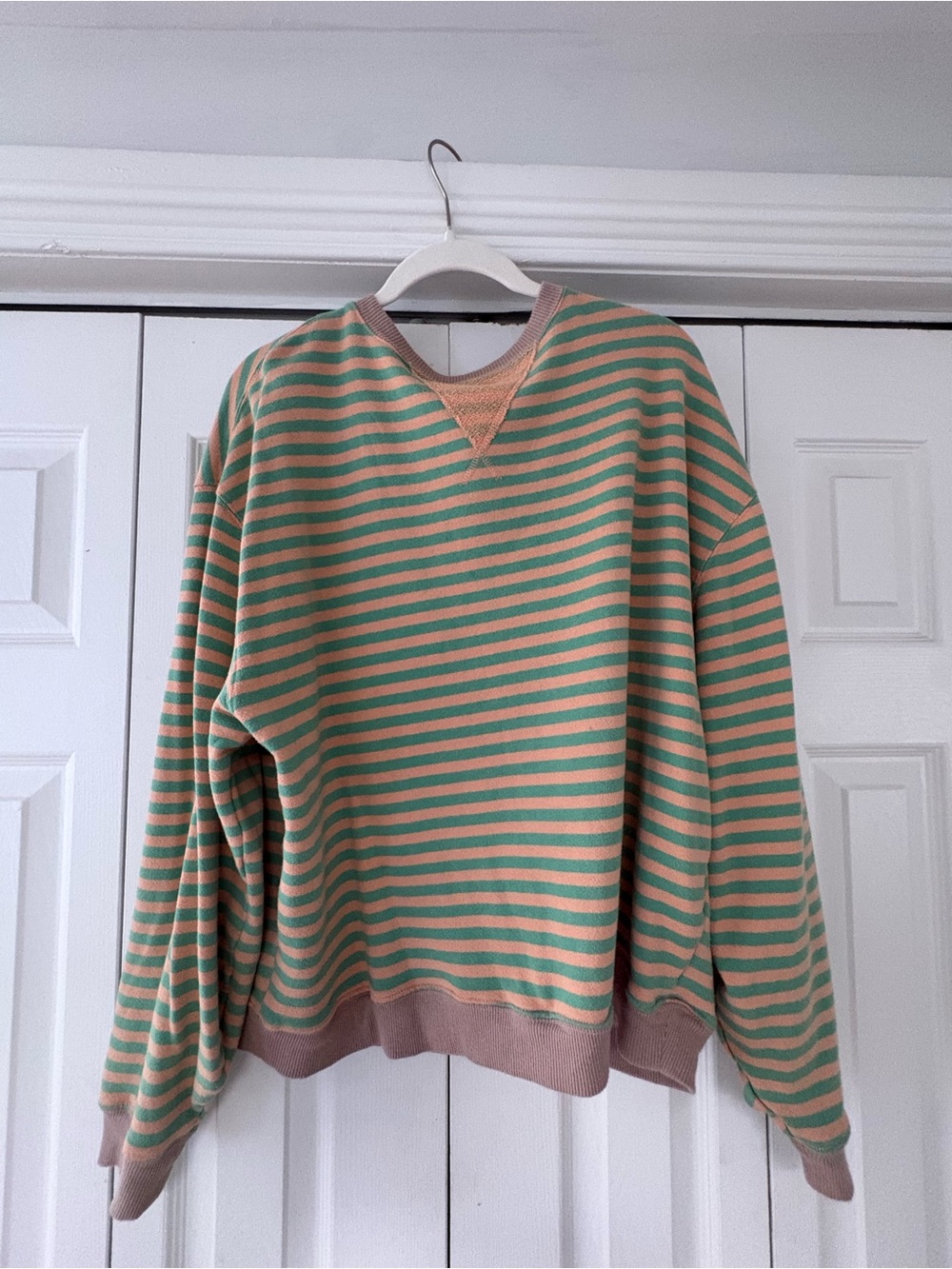 Free People Green and Peach Striped Crewneck Sweater